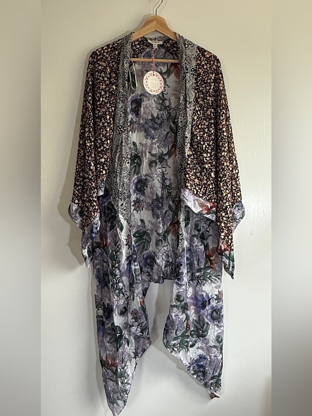 Umgee Floral Mixed-Print Open Front Kimono Purple, Black, Gold Metallic S/M NWT